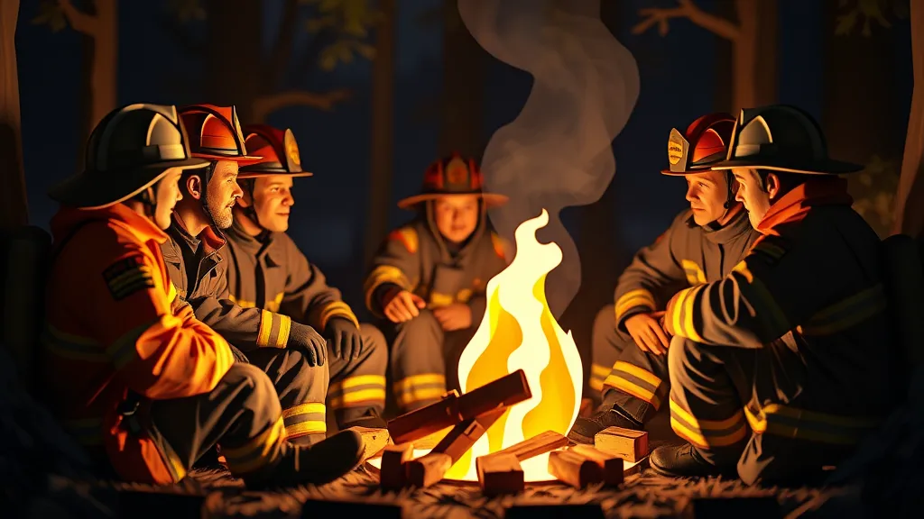 Firefighters around a campfire offering peer support